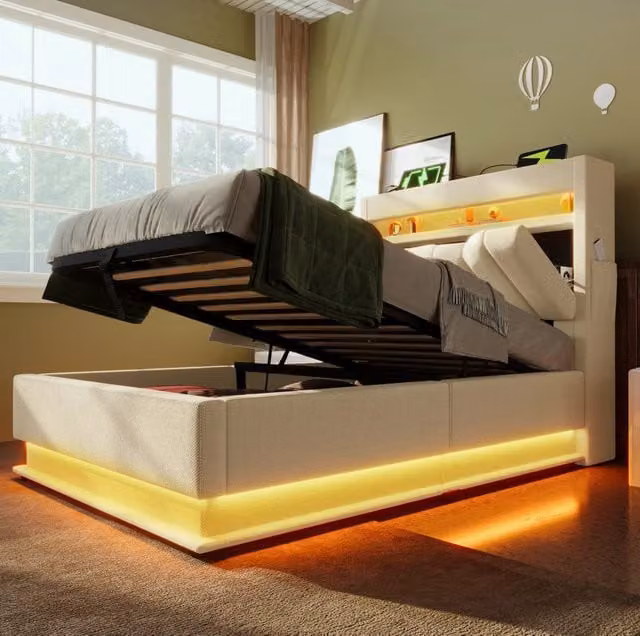 Letto singolo 90x200 cm con contenitore idraulico; LED; USB/Type-C; materasso; lino beige