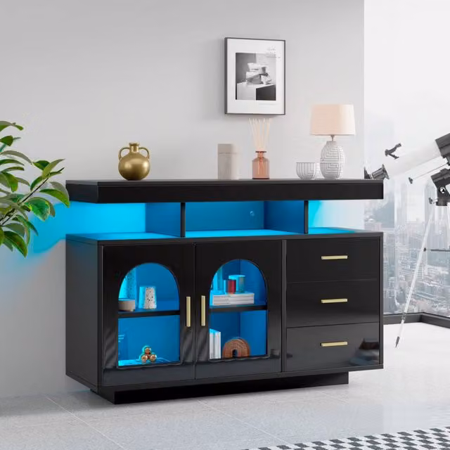 Buffet moderno in nero lucido con LED a colori, 120x40x80 cm, armadietto con 3 cassetti e 2 ante in acrilico