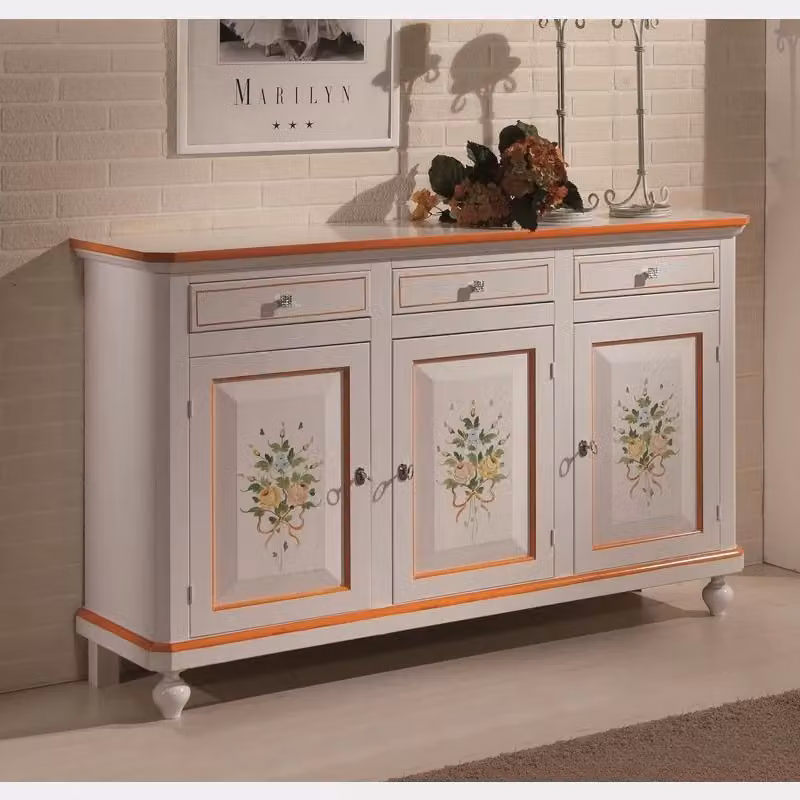 Madia credenza napoletana con 3 porte e decori floreali bianco e arancione Mobili 2G L/P/H: 150 x 40 x 98 cm – 2