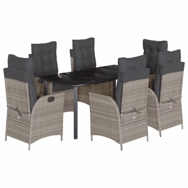 Set da Pranzo da Giardino 7 pz Cuscini Polyrattan Grigio Chiaro