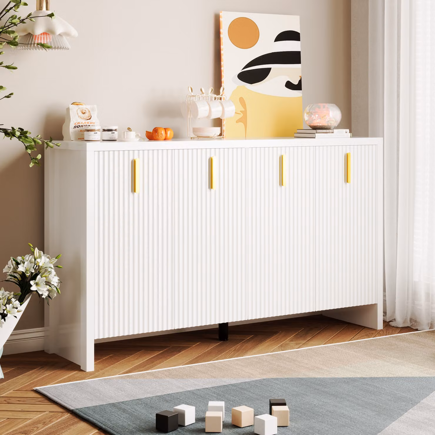 Mobile contenitore laterale con divisori regolabili, armadio per l'ingresso adatto anche per camere da letto e tutti gli ambienti della casa, mobiletto con maniglie dorate, colore bianco