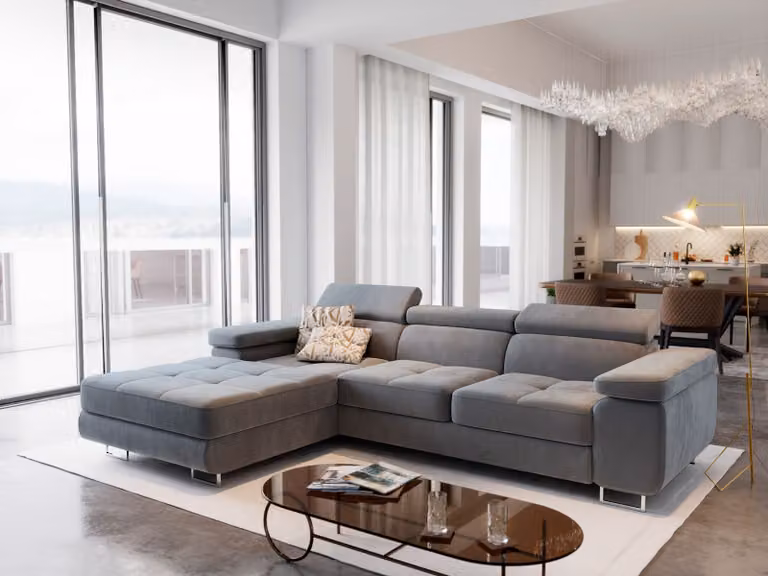 Divano angolare Masseno ELMA L-S con funzione letto a L, divano con box letto, divano da soggiorno, divano, divano letto, set di divani - grigio chiaro, MONOLITH 84