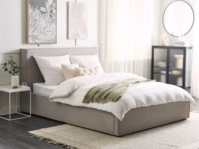 Letto matrimoniale Beliani con contenitore e doghe in legno, rivestimento in tessuto grigio, L/P: 160 x 200 cm