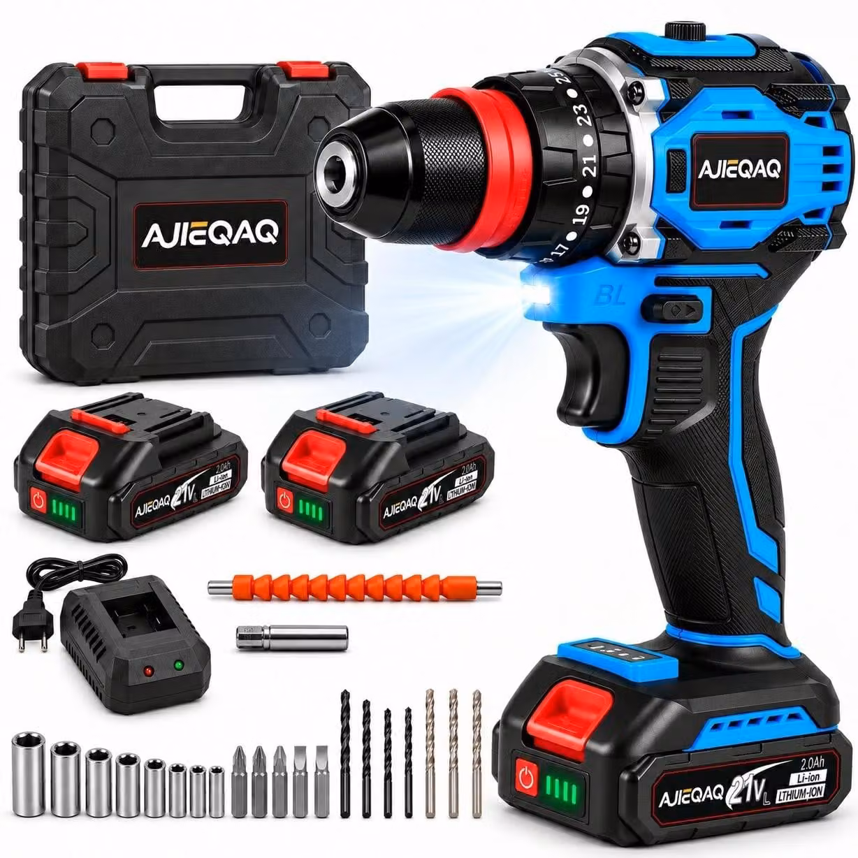 Trapano avvitatore a percussione 3 in 1 21V Brushless, 60Nm, 2×2,0Ah batterie, 25+3 regolazioni di coppia, 2 velocità, mandrino 10 mm, LED, valigetta