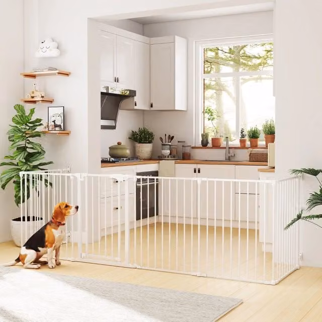 Desviae Recinto per cani a 6 pannelli con porta pieghevole in acciaio e plastica bianco per cani piccoli e medi