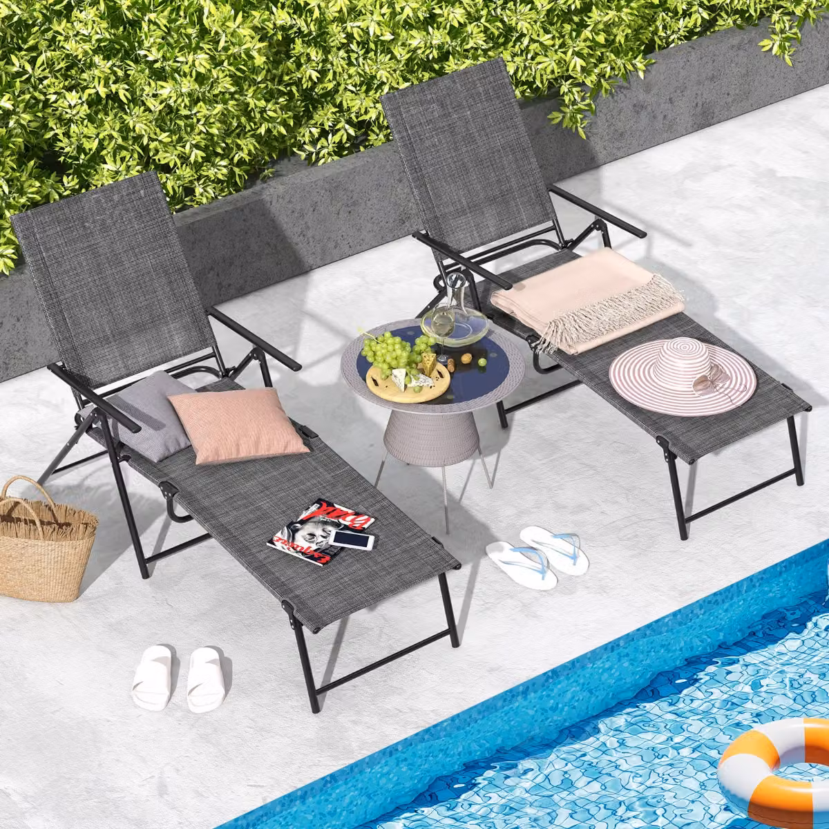 Set di 2 sedie a sdraio pieghevoli Costway in tessuto textilene e acciaio, con schienale regolabile e braccioli, Grigio, L/P/H: 189 x 64 x 102 cm – 3