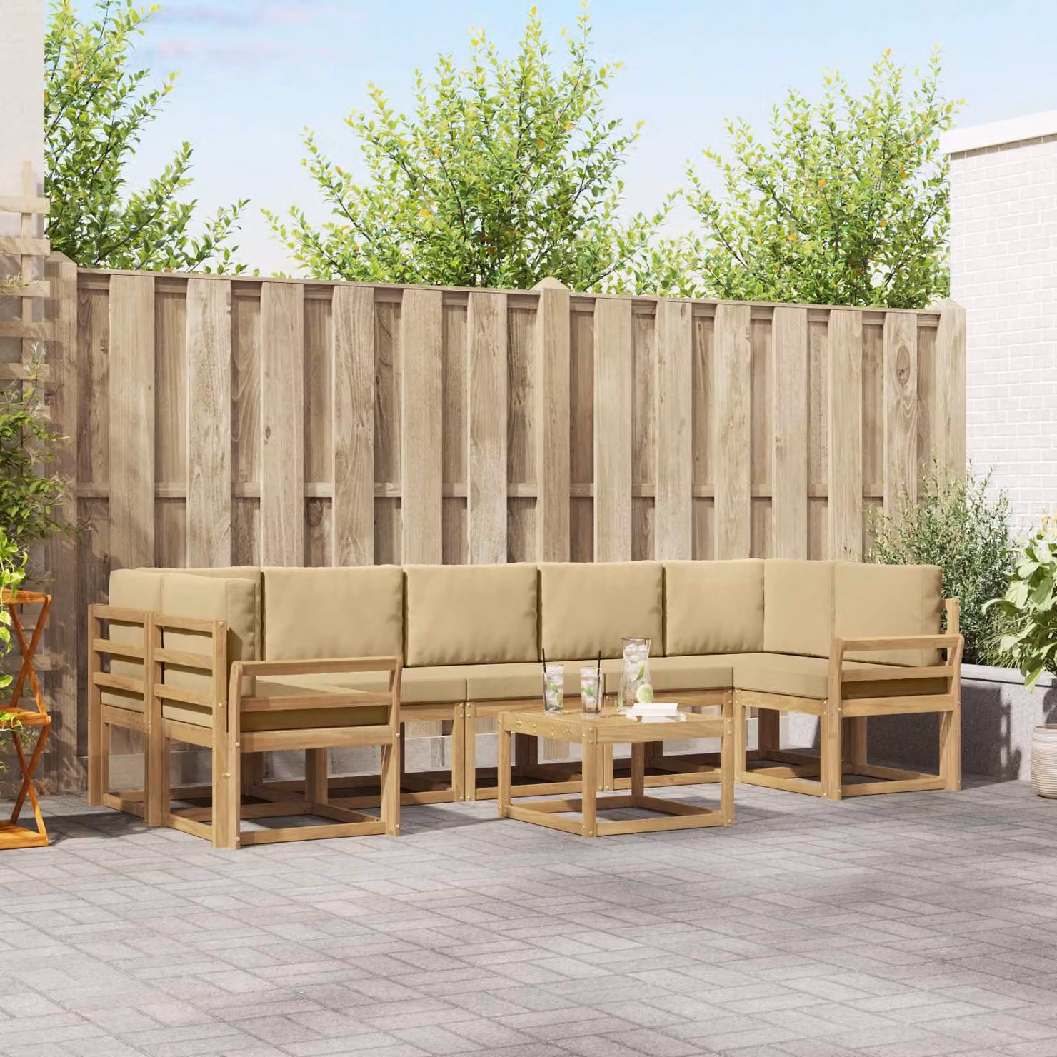 vidaXL Set di divani da esterno a L composto da 6 pezzi in legno di acacia marrone con cuscini beige