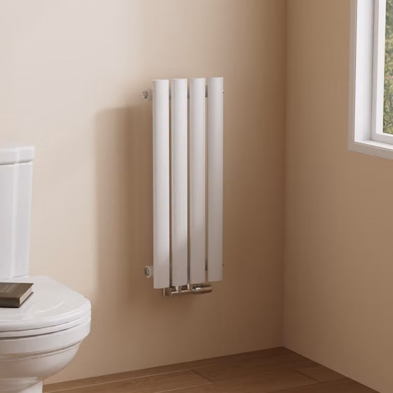 Radiatore tubolare di design EMKE per il funzionamento ad acqua calda con attacco centrale verticale ovale monostrato 177 watt 24 cm x 60 cm bianco senza elemento riscaldante