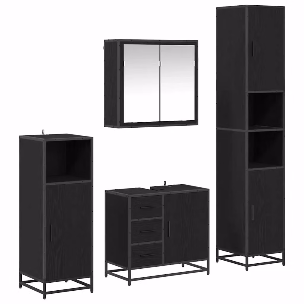 Set di mobili per il bagno moderno vidaXL 4 pezzi in legno e metallo nero opaco con armadietto a specchio, mobile lavabo, mobile laterale e colonna alta – 2
