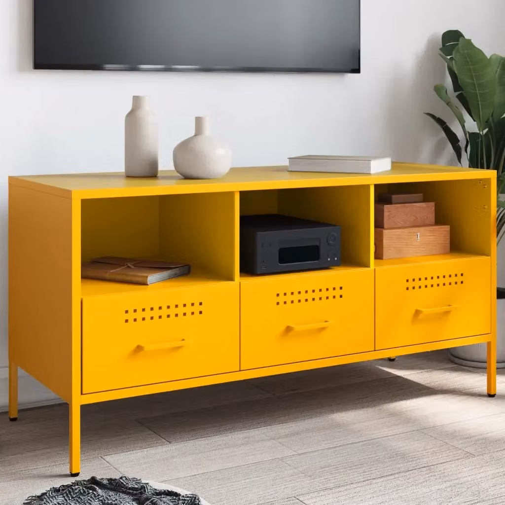 Mobile porta TV in stile industrial in metallo giallo, L 100,5 cm x P 39 cm x H 50,5 cm – 2