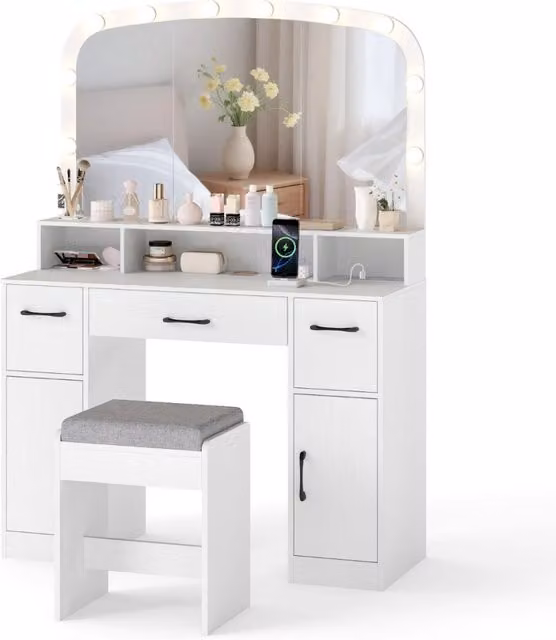 Tavolo da trucco da 108 CM con sgabello e stazione di ricarica, Tavolo da toeletta con specchio e luci Bianco