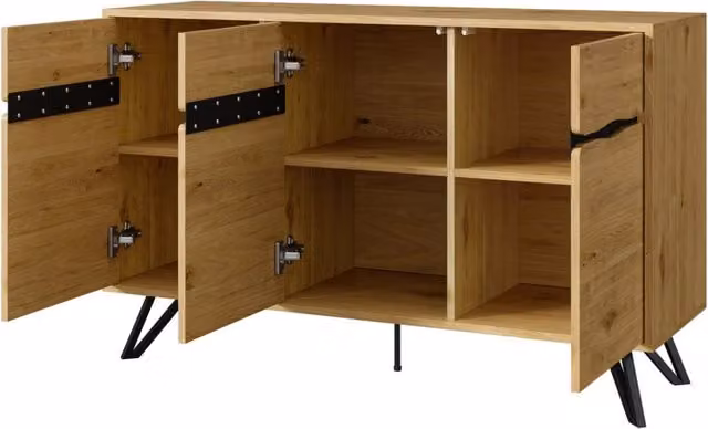 Sideboard con 3 Ante in Effetto Legno e Gambe in Metallo Nero, 140x40x75,5 cm, Design Moderno e Stile Scandinavo