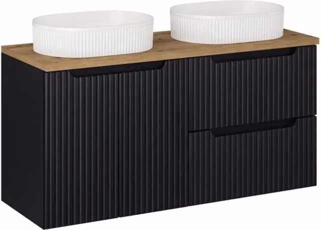 Insieme VANO 120cm: mobili sotto lavabo con cassetti e armadietti + piano per lavabo + due lavabi da appoggio scanalati