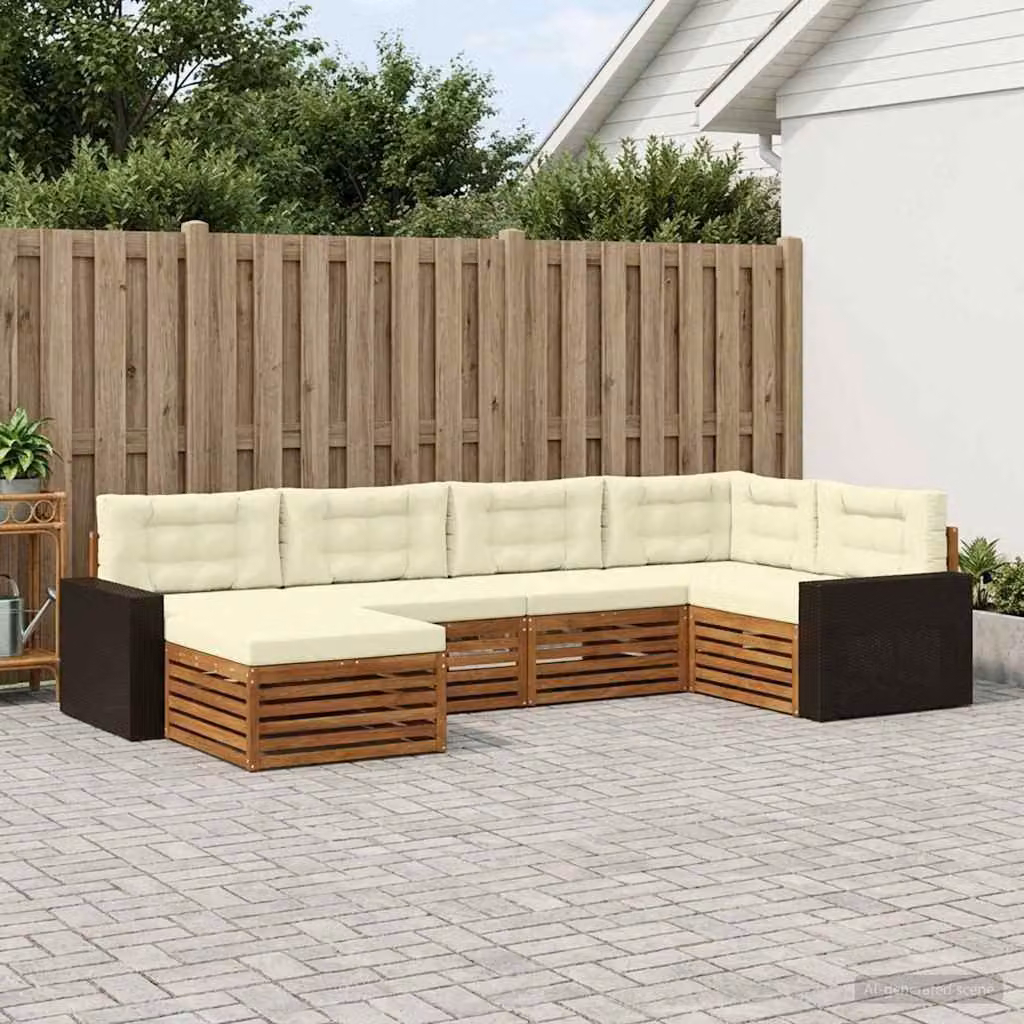 Set di divani da esterno vidaXL a forma di L composto da 6 pezzi in legno di acacia con cuscini beige e crema