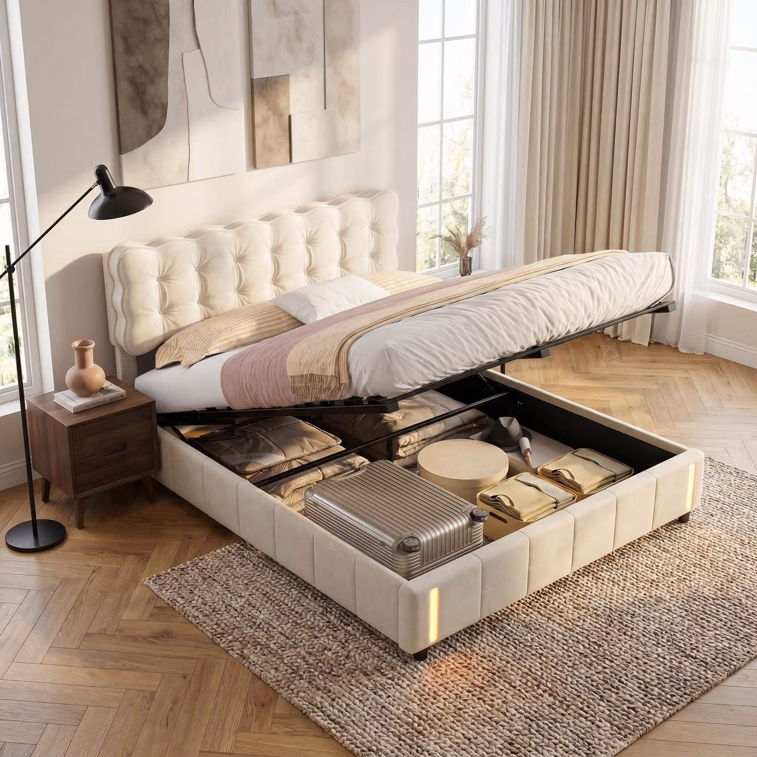 Letto imbottito INONEFT, 160x200 cm, con spazio contenitore e illuminazione LED, letto a molle con rete a doghe, letto per ragazzi, contenitore, velluto, beige