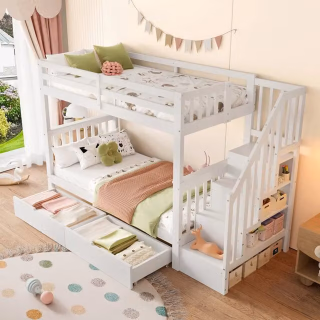 Letto a castello 2 posti 90 × 200 cm, 2 cassetti e ripiani scala, senza materasso, pino e MDF, bianco