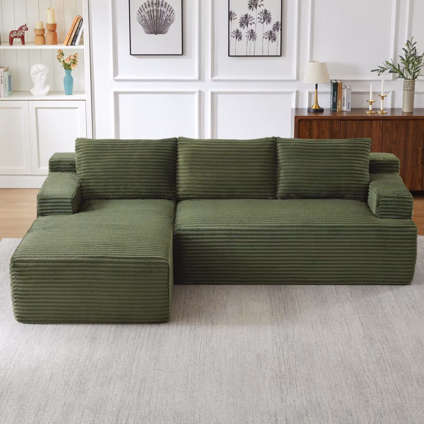 Divano ad angolo, modello L, divano letto modulare con seduta profonda, design Cloud, imbottitura in schiuma e molle insacchettate, rivestimento in corda, senza montaggio