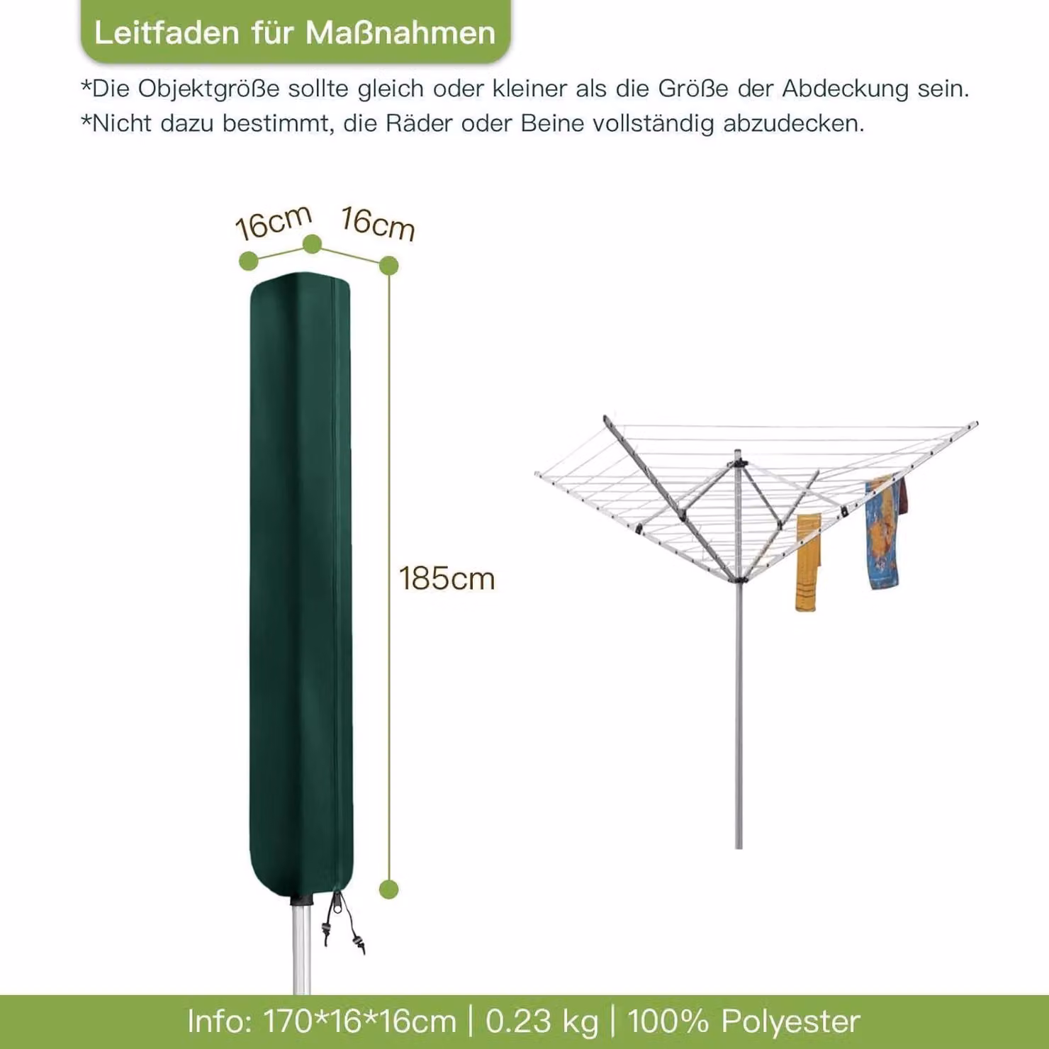 Copertura impermeabile per stendibiancheria, resistente ai raggi UV, in tessuto 420D, colore verde, dimensioni 185x16x16 cm