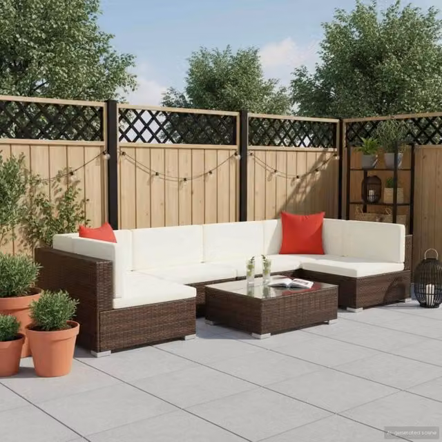 Set Divani da Giardino 7 pz con Cuscini in Polyrattan Marrone 44600