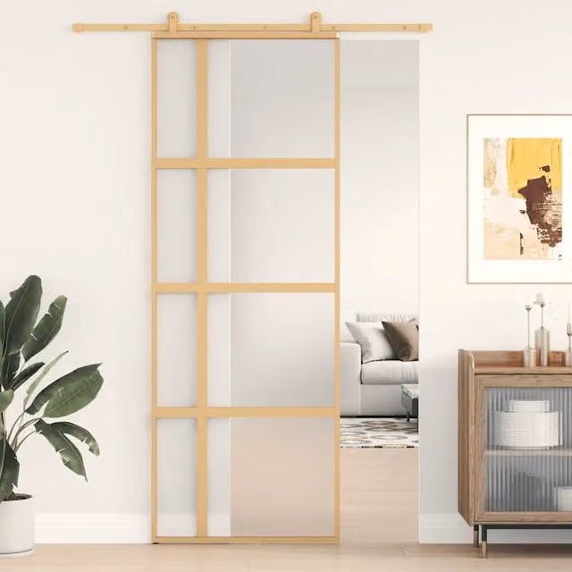 Porta Scorrevole vidaXL in Alluminio e Vetro Smerigliato Dorata L: 76 cm, H: 205 cm