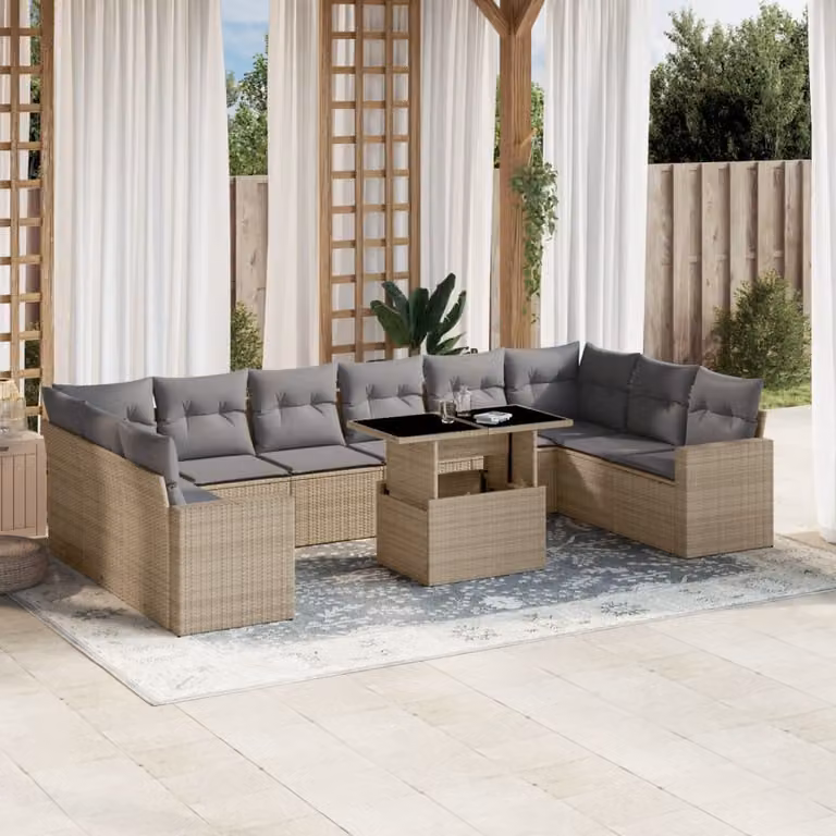 Set di divani da giardino vidaXL 11 pz in polyrattan beige con cuscini e tavolino da esterno