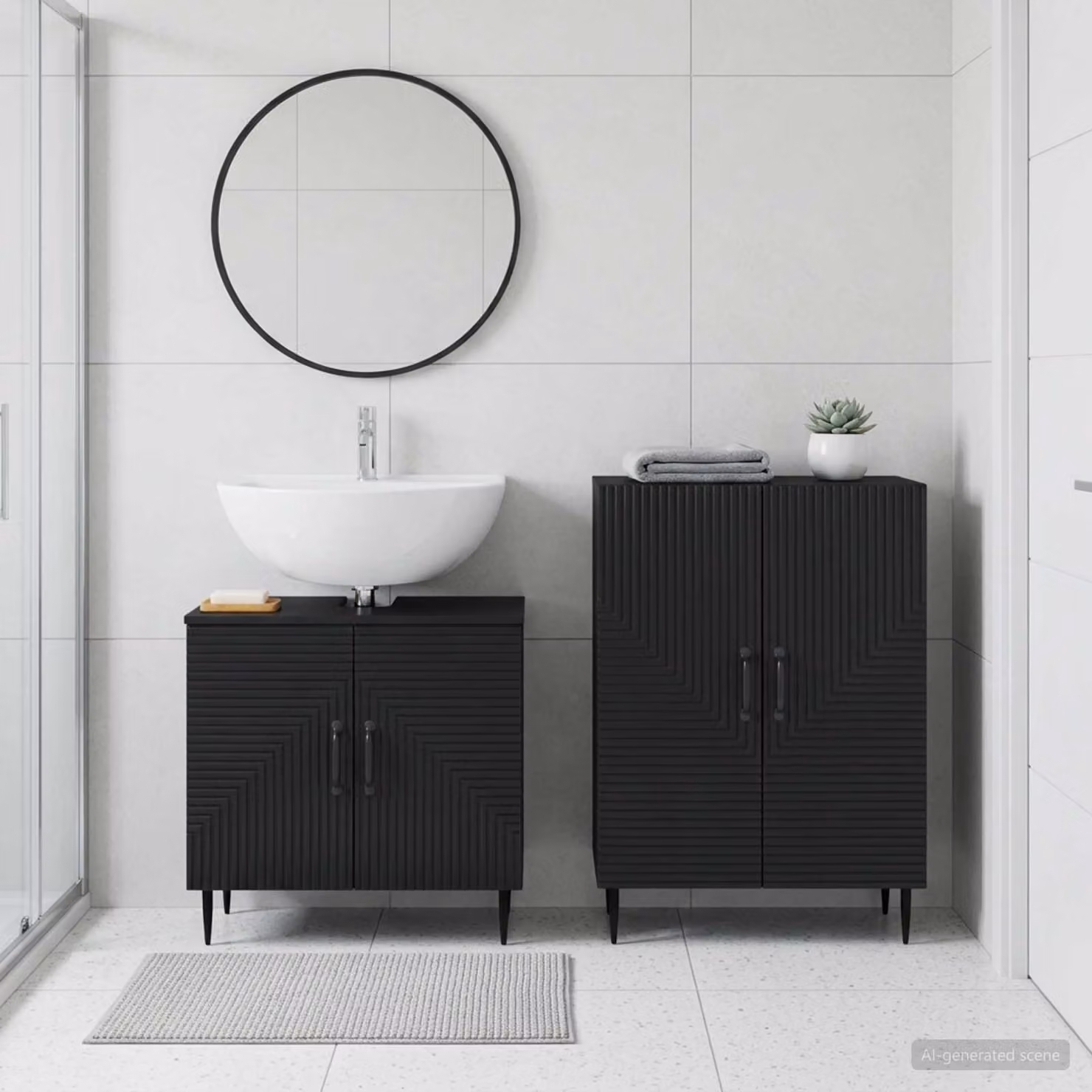 Set di mobili da bagno vidaXL HAARLEM composto da mobile lavabo e mobile contenitore, colore nero opaco, design moderno in legno