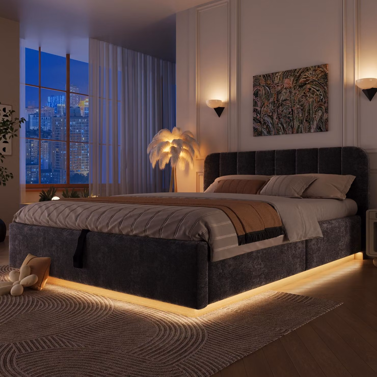 Letto imbottito idraulico Flieks, 140x200 cm, rivestito in ecopelle, con contenitore a sollevamento idraulico, letto matrimoniale con spazio contenitore, letto per ragazzi con rete a doghe, tessuto in microfibra, colore grigio scuro