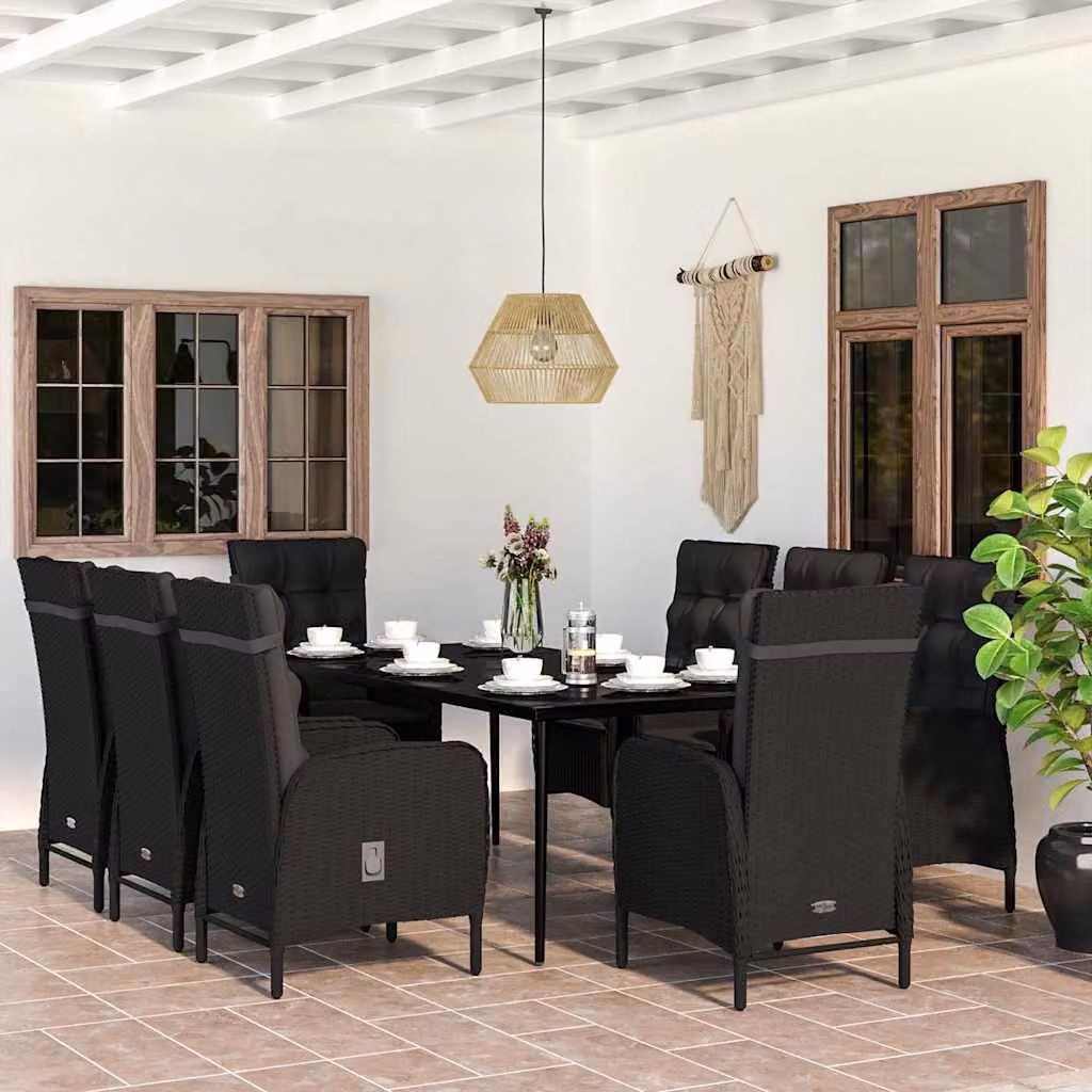 Set da pranzo da giardino vidaXL in polyrattan nero con cuscini e tavolo in vetro da 9 pezzi