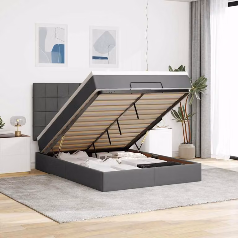 Letto con contenitore a sollevamento vidaXL in tessuto grigio e bianco con materasso, L/P/H: 203 x 144 x 140 cm