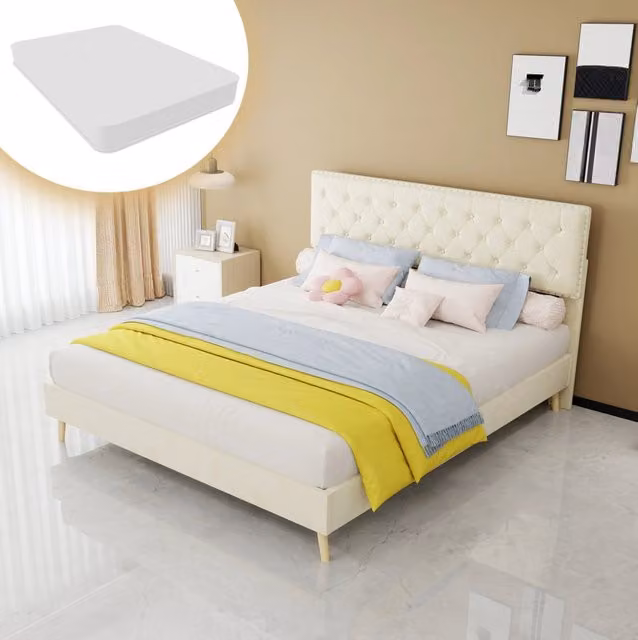 Letto imbottito beige 160x200 cm in tessuto e metallo, materasso incluso