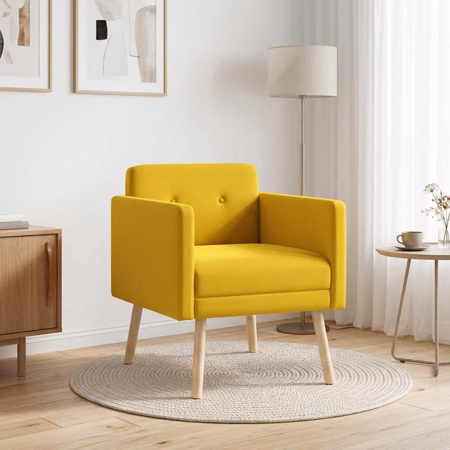 Poltrona decorativa moderna vidaXL in velluto giallo con braccioli e struttura in legno