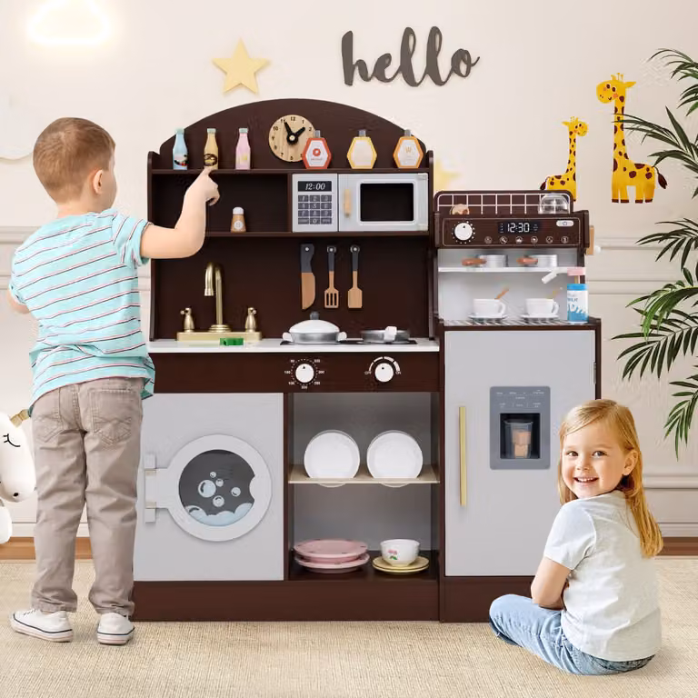 Set cucina per bambini Costway in legno con accessori e spazio di conservazione, Marrone