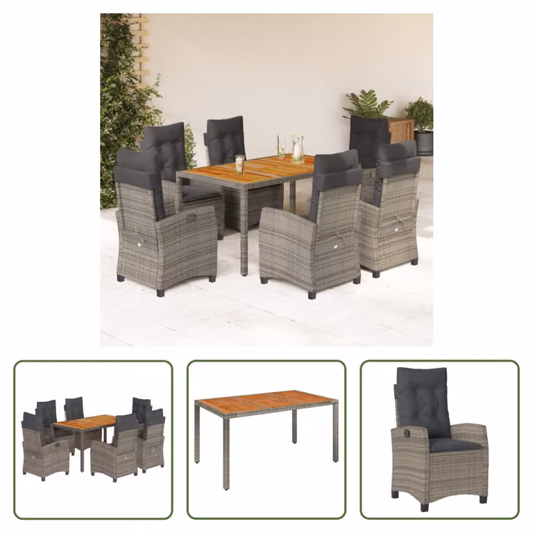The Living Store Set da pranzo da giardino 7 pezzi con cuscini in poly rattan grigio