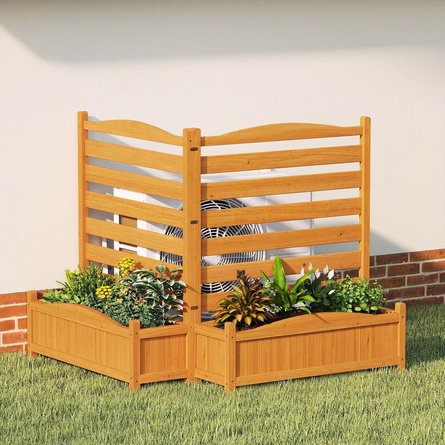 COSTWAY Fioriera, recinzione per condizionatori e bidoni della spazzatura, altezza 101 cm, aiuola rialzata con graticcio, recinzione da giardino e fori di drenaggio, 2 fioriere, naturale (2 pezzi)