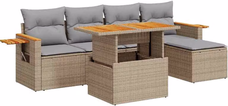 Set Divano da Giardino 6 pz con Cuscini Beige Polyrattan Acacia