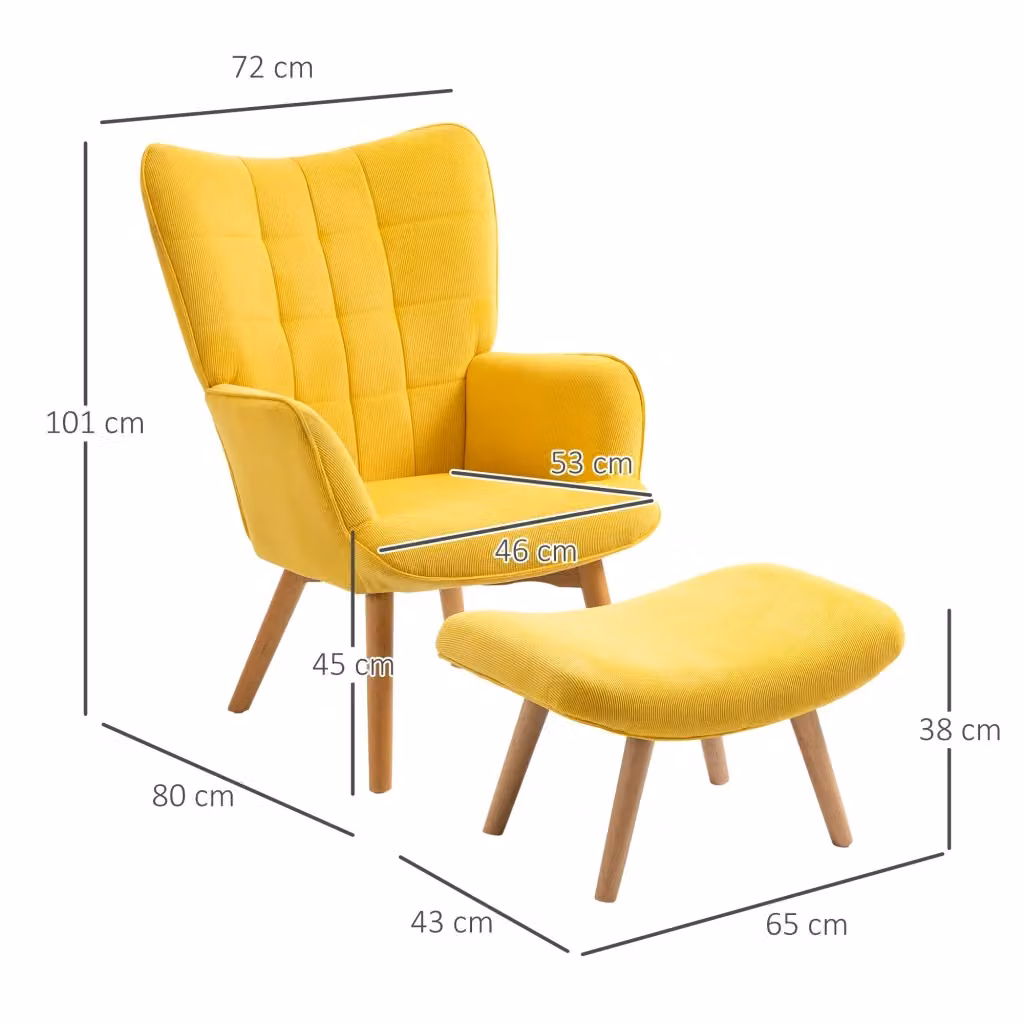 Poltrona relax reclinabile WISHDOR gialla con pouf coordinato, struttura in metallo e gambe in legno di faggio – 2