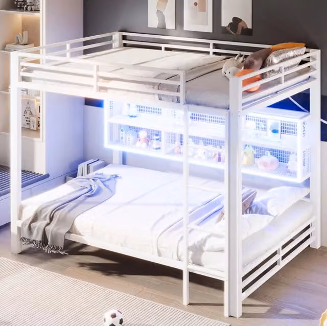 Letto a castello 140x200 cm in metallo bianco con 6 vani contenitore e luce LED