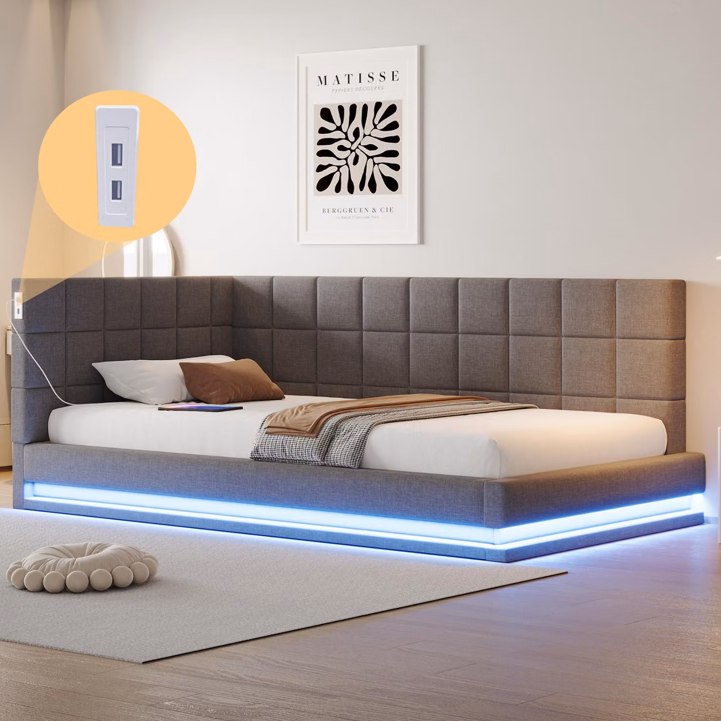 Letto imbottito Flieks 90x200cm con USB e LED, divano letto con rete a doghe, letto singolo letto per ragazzi letto per ospiti letto funzionale, lino, grigio