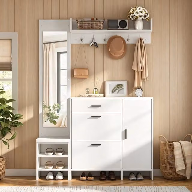 Armadio guardaroba da ingresso REDOM in MDF bianco con specchio, scarpiera e ante soft-close, L: 140 cm, P: 30 cm, H: 200 cm