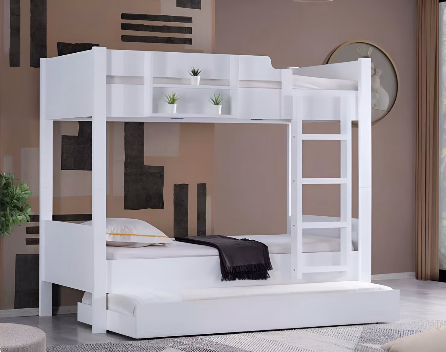 Letto a castello funzionale bianco con spazio contenitivo e design moderno