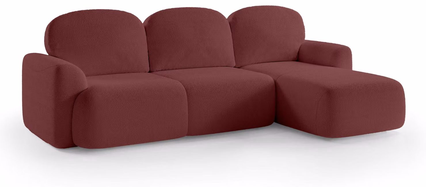 Divano a tre posti con funzione letto, modello Bulu, lato destro, colore rubino, finitura "Erde"