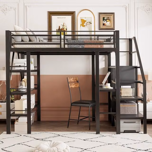 Letto a soppalco 140x200 cm con scrivania; armadio e scaffale; struttura in metallo nero
