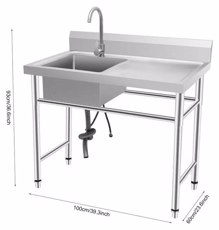 Lavello da cucina a libera installazione - Lavello professionale in acciaio inossidabile 201 - Vasca singola - Con rubinetto a 360° - Portata 200 kg - Argento