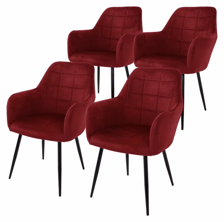 Set di 4 sedie da pranzo con braccioli, rivestite in velluto bordeaux, con gambe in metallo