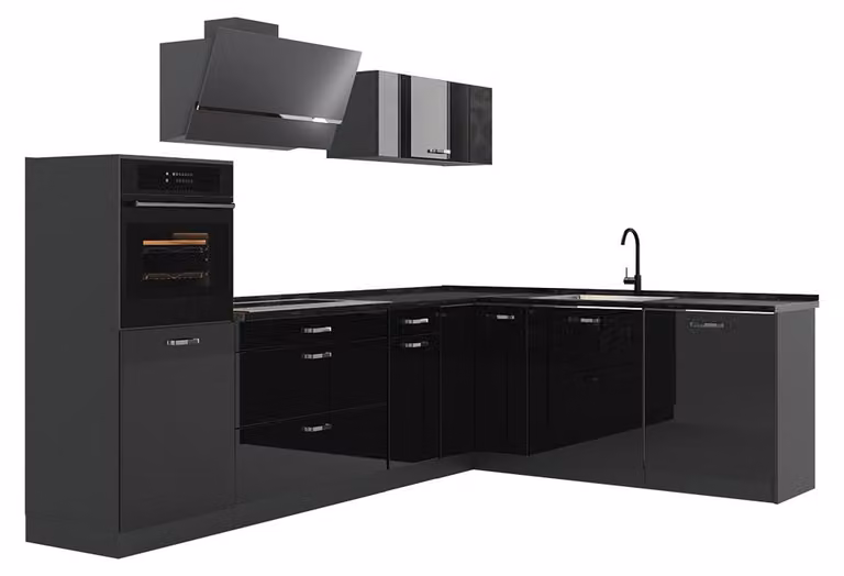 Cucina angolare completa Vicco R-Line Nero lucido/Antracite 287 x cm piano di lavoro Antracite, Model 66757