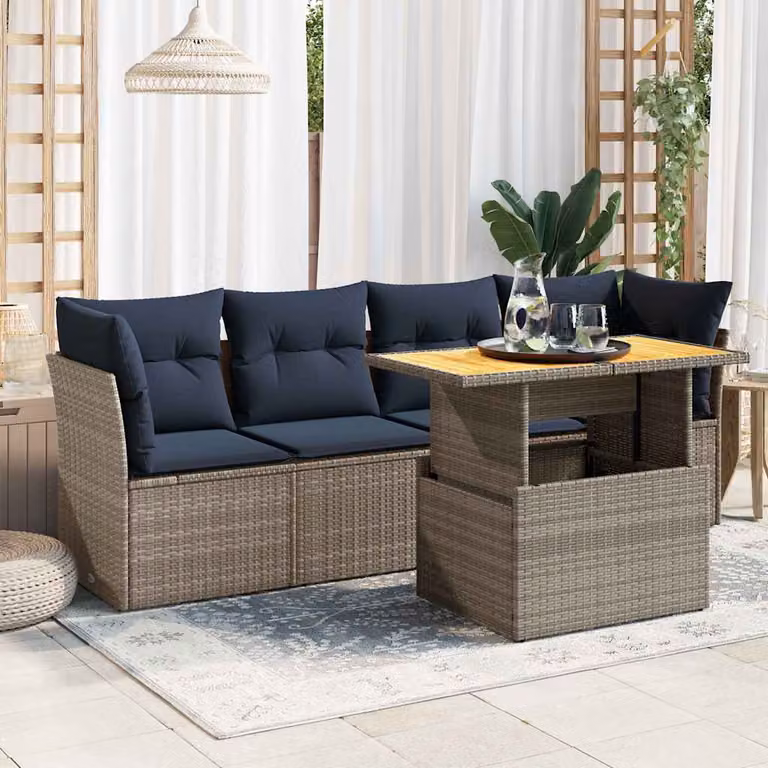 Set Divano da Giardino vidaXL 5 pz in Polyrattan e Legno di Acacia con Cuscini Grigio e Blu