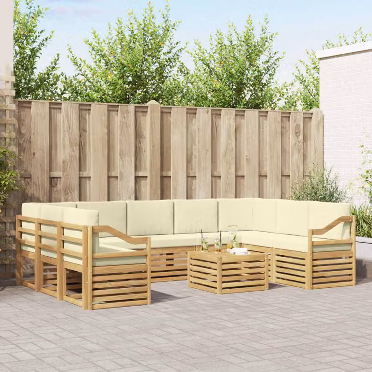Set di divani da esterno vidaXL a forma di L in legno di acacia con cuscini beige e marrone