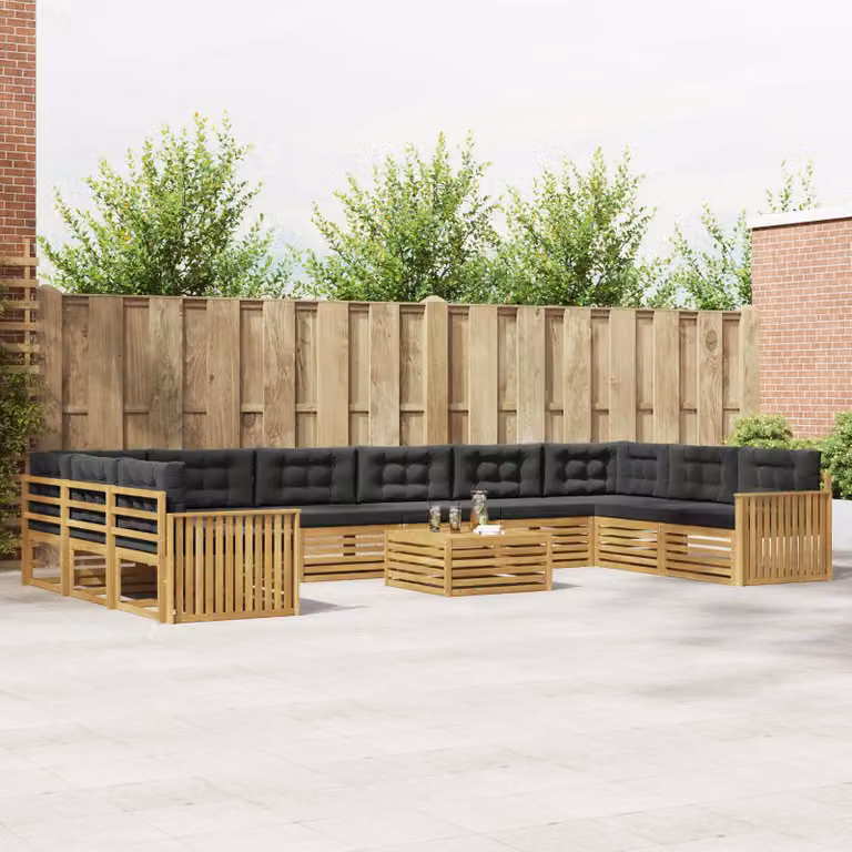 Set di divani da giardino vidaXL a forma di U composto da 11 pezzi in legno di acacia con cuscini inclusi, colori marrone, antracite e nero