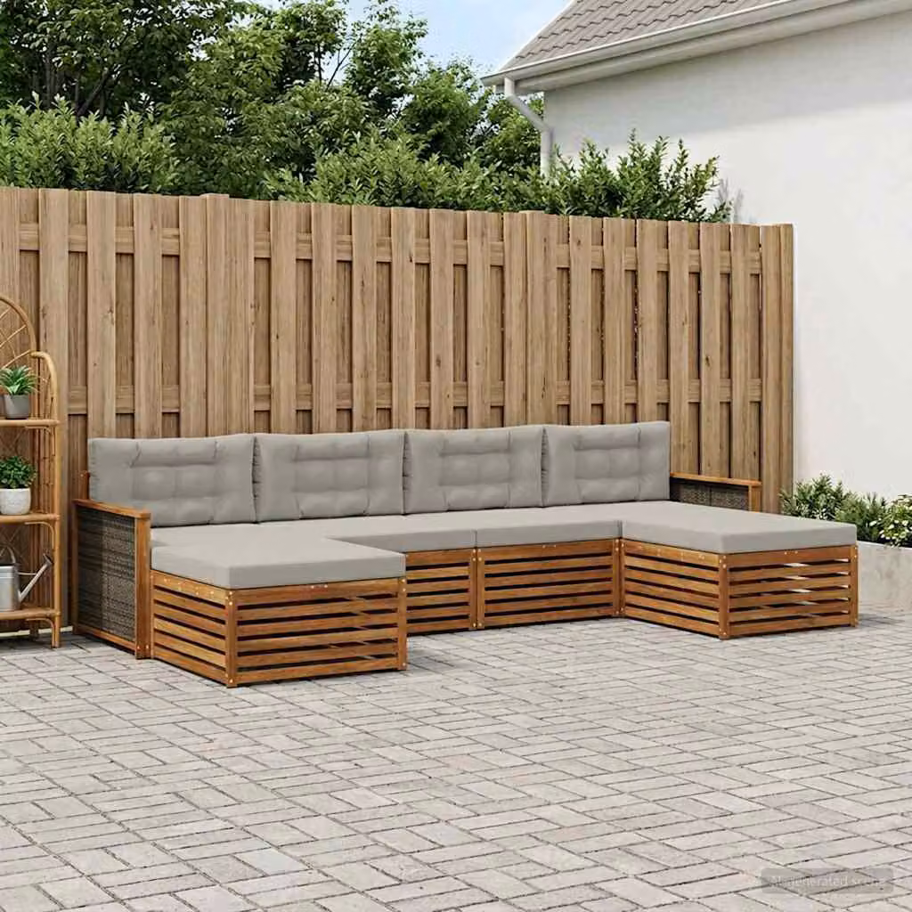 Set di divani da esterno vidaXL a forma di L in legno di acacia con cuscini, 6 pezzi, Beige e Grigio