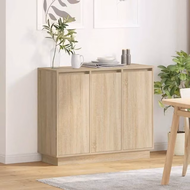 Madia moderna vidaXL con illuminazione LED in rovere, colore beige e marrone, L 90 x P 32 x H 75 cm